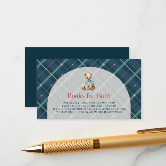 Navy Blue Plaid Teddy Bear Boy Baby Book Request Enclosure Card (Front/Back In Situ)