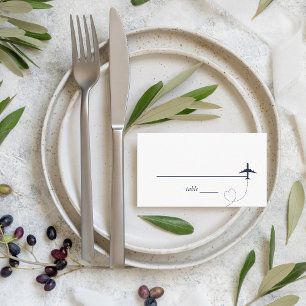Navy Blue Plane Heart Travel Destination Wedding Place Card