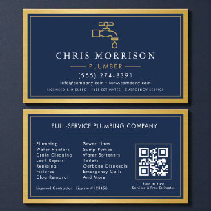 Navy Blue Plumber Contractor QR Code Gold Metallic Business Card