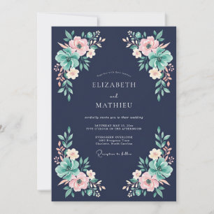 Navy Blue Poetic Floral Wedding Invitation