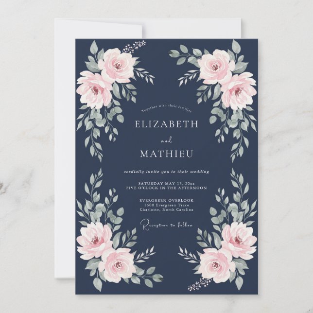 Navy Blue Poetic Rose Wedding Invitation (Front)