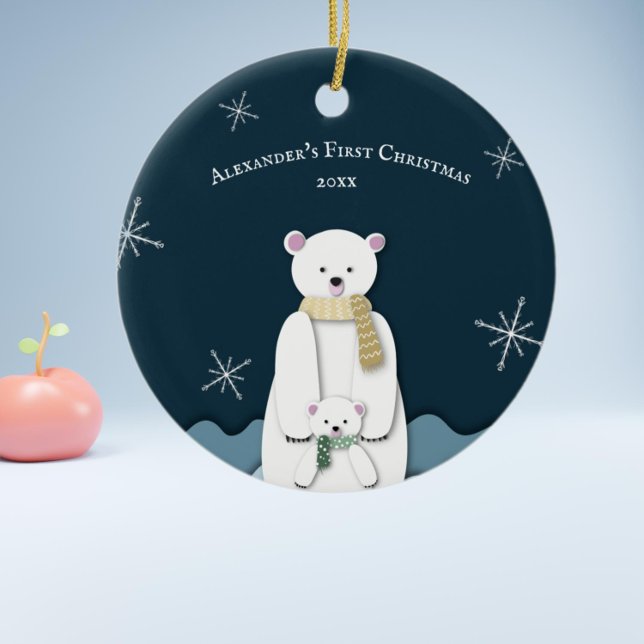 Navy Blue Polar Bear Mum with Baby First Christmas Ceramic Ornament (Mom Bear and Cub Polar Bear First Christmas Ornament Keepsake by Kinda Cute by Patricia Alvarez)