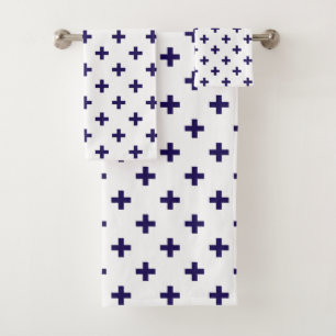 Navy blue polka crosses on white bath towel set