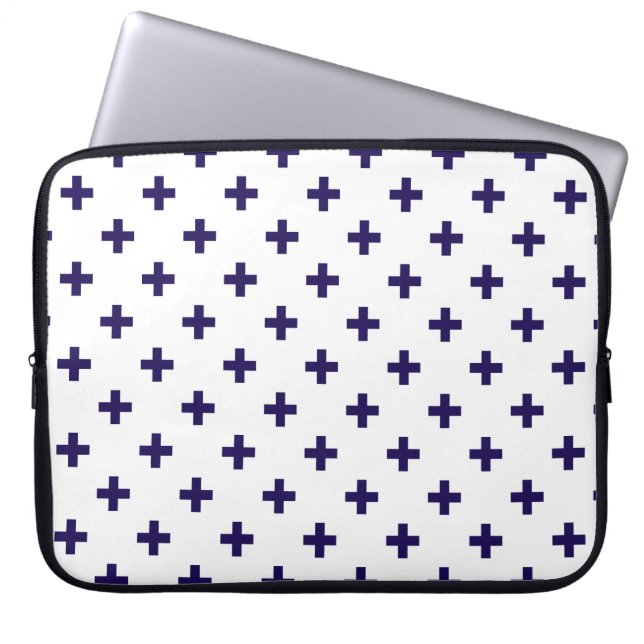 Navy blue polka crosses on white laptop sleeve (Front)