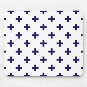 Navy blue polka crosses on white mouse pad