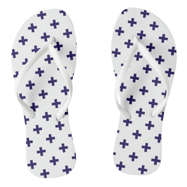 Navy blue polka crosses on white thongs (Footbed)