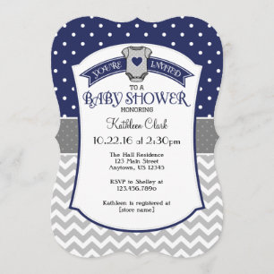 Navy Blue Polka Dot Chevron Baby Shower Invite