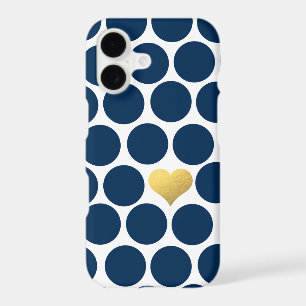 Navy Blue Polka Dot Gold Foil Heart iPhone