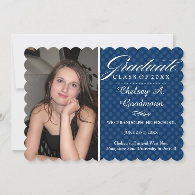 Navy Blue Polka Dot Graduation Photo Announcement (Front)