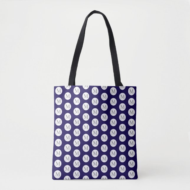 Navy Blue Polka Dot Monogram Tote Bag (Front)