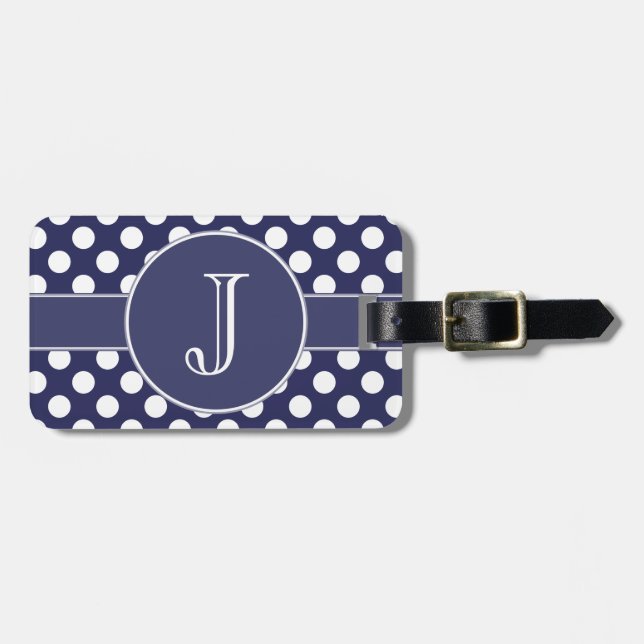 Navy Blue Polka-Dot Monogrammed Luggage Tag (Front Horizontal)