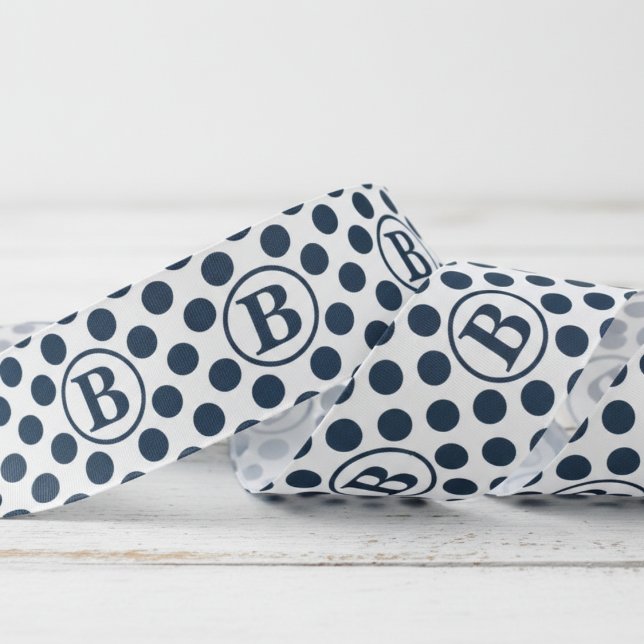 Navy Blue Polka Dot Pattern Monogram Grosgrain Ribbon (Elegant Large Navy Blue Polka Dots Monogram Ribbon for Him. Classic Preppy Big Dots Pattern  for Dad)