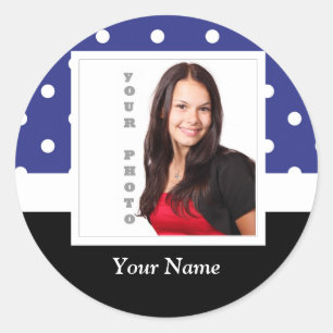 Navy blue polka dot photo template classic round sticker
