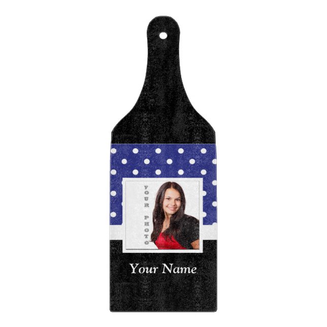 Navy blue polka dot photo template cutting board (Front)