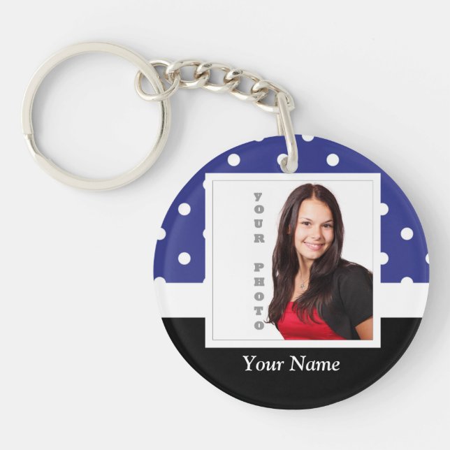 Navy blue polka dot photo template key ring (Front)