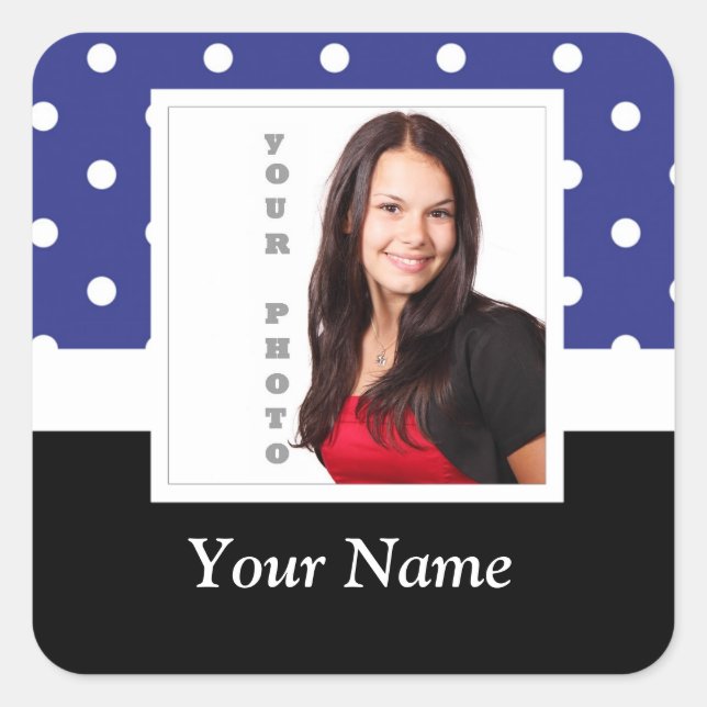 Navy blue polka dot photo template square sticker (Front)