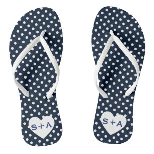Navy Blue Polka Dots Heart Monogram Honeymoon Thongs