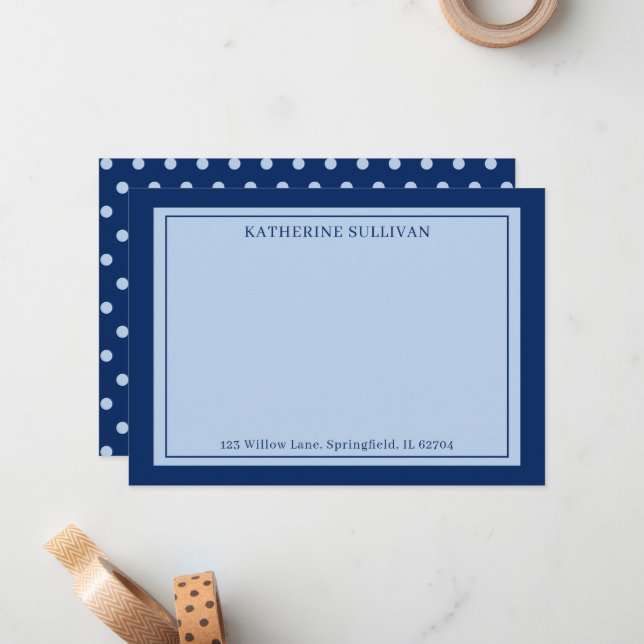 Navy Blue Polka Dots Name Address Flat Note Card (Front/Back In Situ)
