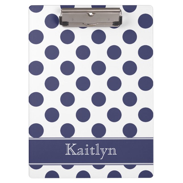 Navy Blue Polka Dots Personalised Clipboard (Front)