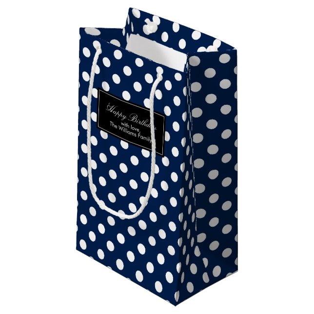 Navy Blue Polka Dots Personalised Small Gift Bag (Front Angled)