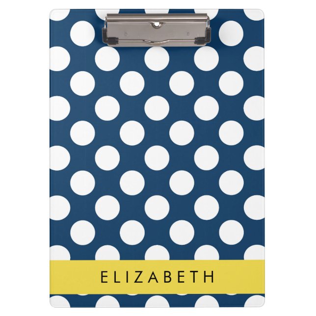 Navy Blue Polka Dots, Polka Dot Pattern, Your Name Clipboard (Front)