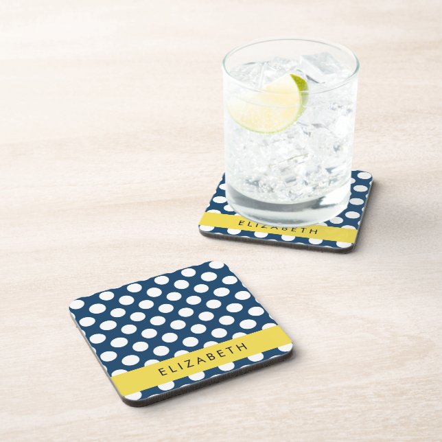 Navy Blue Polka Dots, Polka Dot Pattern, Your Name Coaster (Right Side)