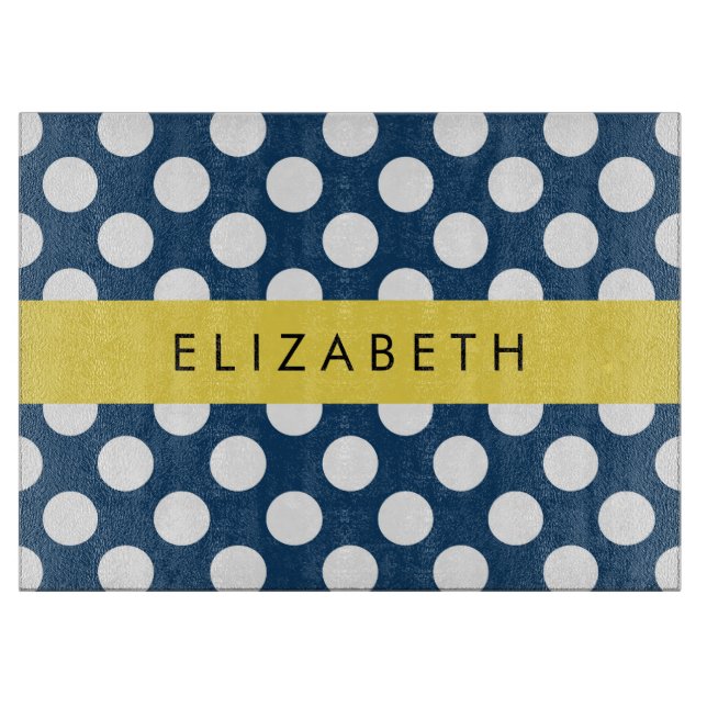 Navy Blue Polka Dots, Polka Dot Pattern, Your Name Cutting Board (Front)