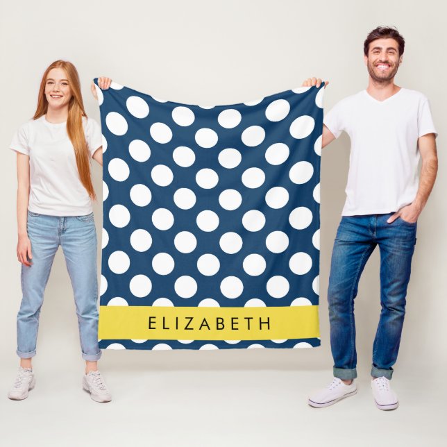 Navy Blue Polka Dots, Polka Dot Pattern, Your Name Fleece Blanket (In Situ)