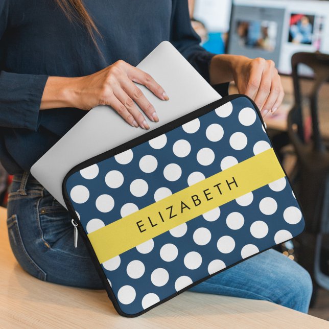Navy Blue Polka Dots, Polka Dot Pattern, Your Name Laptop Sleeve (Creator Uploaded)