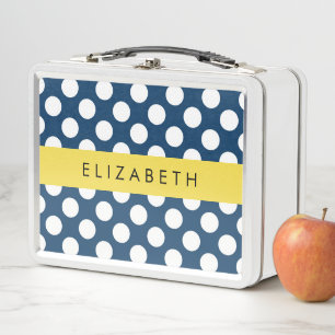Navy Blue Polka Dots, Polka Dot Pattern, Your Name Metal Lunch Box