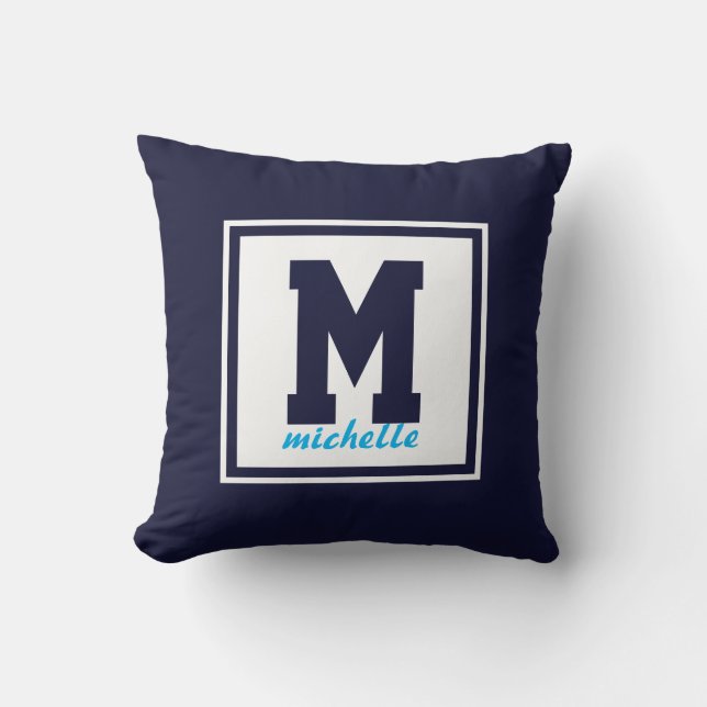 Navy Blue POLKA  DOTS Preppy  Monogram NAME Custom Cushion (Front)