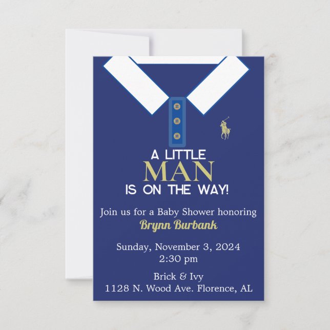 Navy Blue Polo Shirt Logo Baby Shower Invitation  (Front)