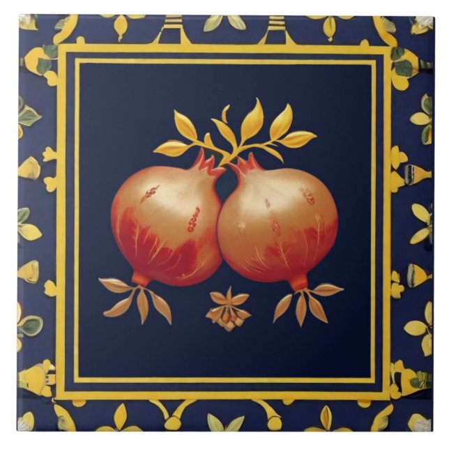 Navy Blue Pomegranates Mediterranean Pomegranate Ceramic Tile (Front)