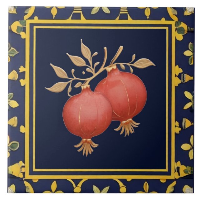 Navy Blue Pomegranates Mediterranean Pomegranate Ceramic Tile (Front)