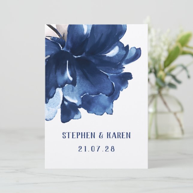 Navy Blue Poppy Elegant Wedding Invitation (Standing Front)