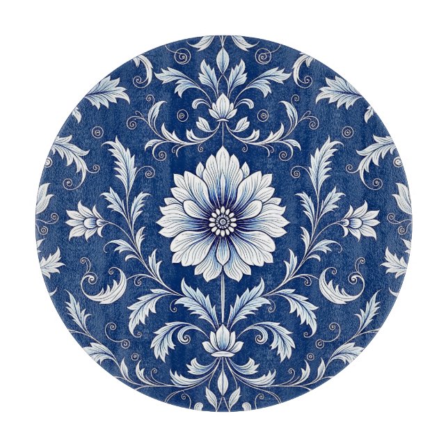 Navy Blue Porcelain Floral Pattern Cutting Board (Front)