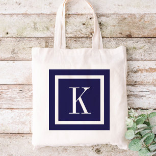 Navy Blue Preppy Square Monogram Tote Bag