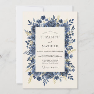 Navy Blue Prestigious Rose Wedding Invitation