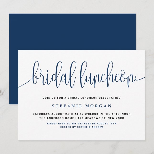 Navy Blue Pretty Calligraphy Bridal Luncheon Invitation (Front/Back)