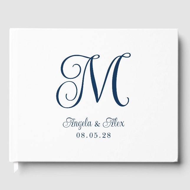 Navy Blue Pretty Curly Wedding Monogram Guest Book (Front)