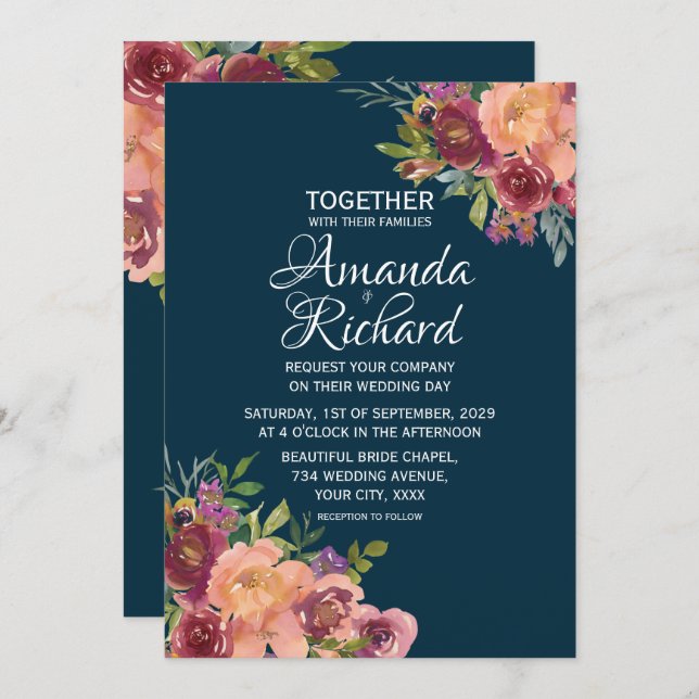 Navy Blue Pretty Floral Autumn Wedding Invitation (Front/Back)
