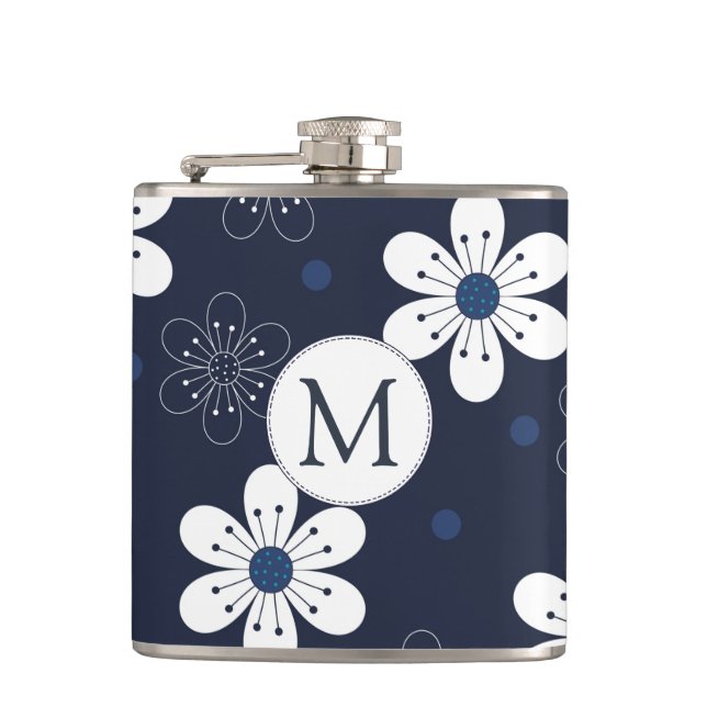 Navy Blue Pretty Floral Monogram Hip Flask (Front)