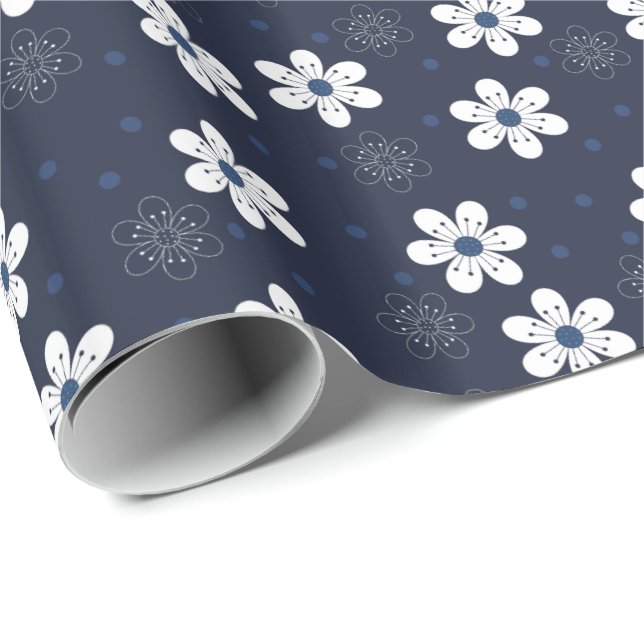 Navy Blue Pretty Floral Pattern Wrapping Paper (Roll Corner)