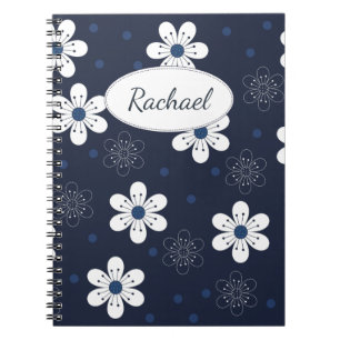 Navy Blue Pretty Floral Personalised Notebook