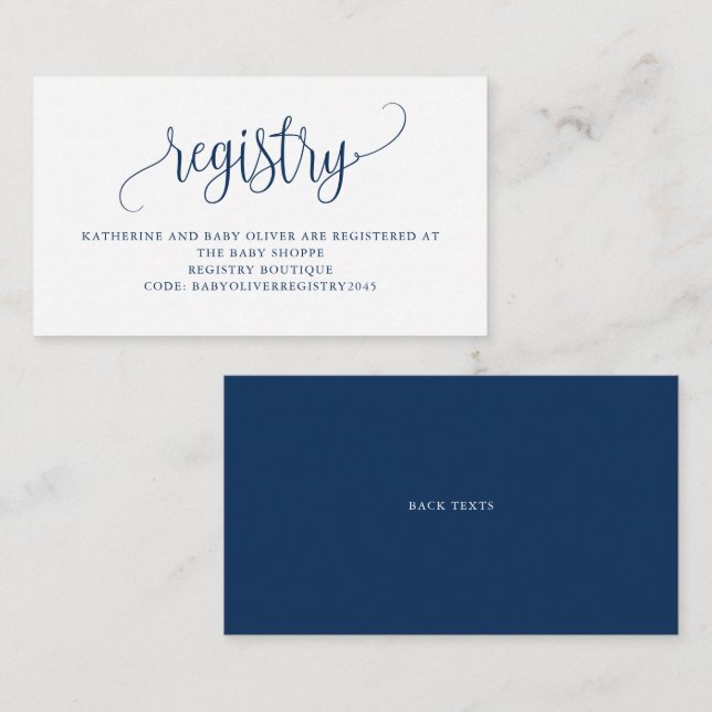 Navy Blue Pretty Script Baby Shower Registry Enclosure Card (Front/Back)