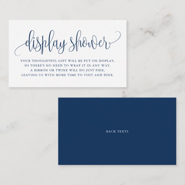 Navy Blue Pretty Script Display Shower Enclosure Card (Front/Back)