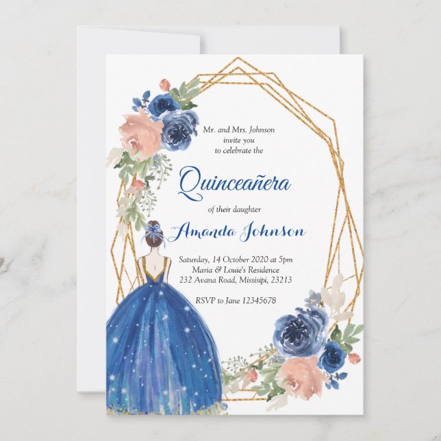 Navy Blue Princess Quinceañera Spanish 15 Birthday Invitation (Front)