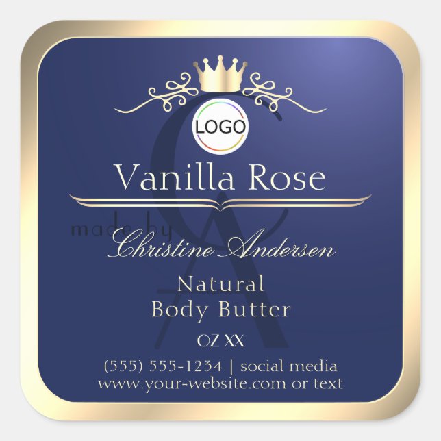 Navy Blue Product Label Gold Frame Logo Monogram (Front)