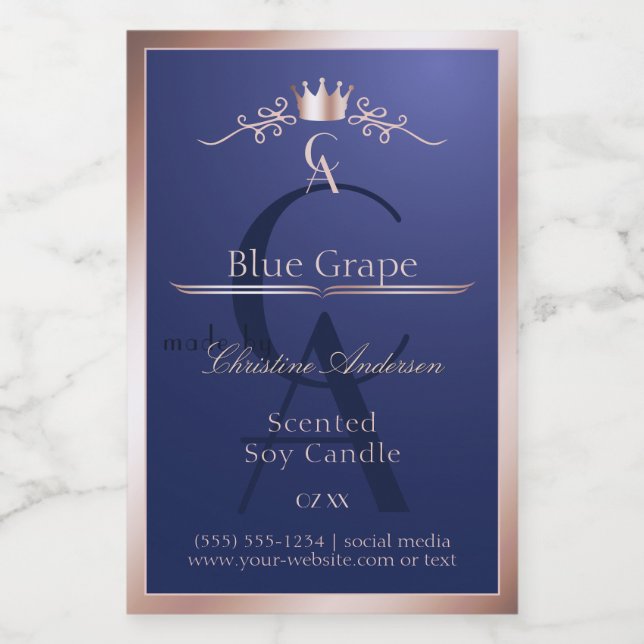 Navy Blue Product Label Rose Gold Frame Monogram (Single Label)