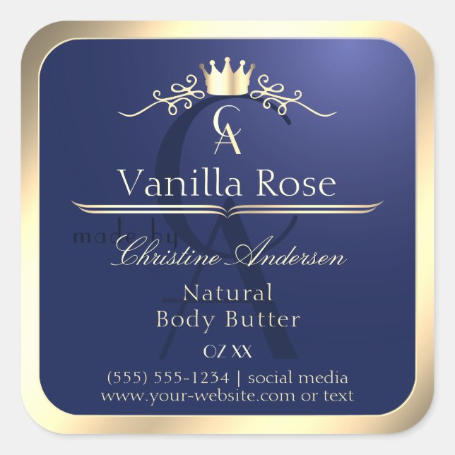 Navy Blue Product Label with Gold Frame Monogram (Front)